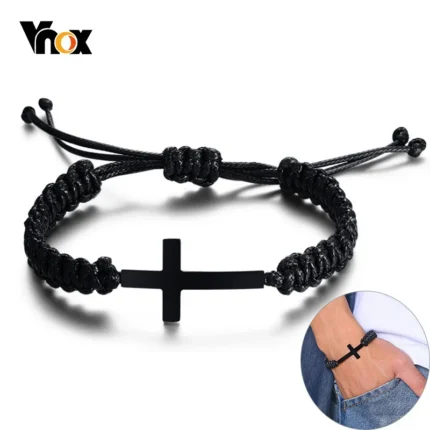 Vnox Black Cross Charm Bracelet for Men Teens Boy Braided Rope Chain Unisex Handmade Jewelry